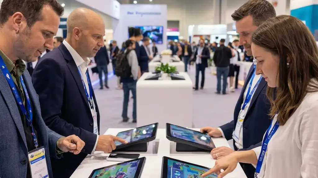 Conference attendees playing a branded HTML5 game at a corporate event