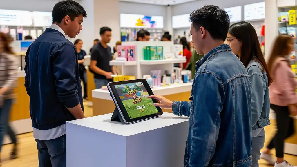 Customer playing a branded HTML5 game on a retail kiosk