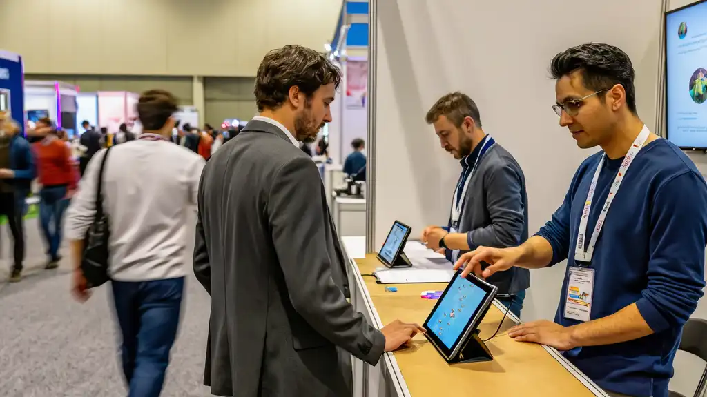 Branded HTML5 game running on a trade show booth screen